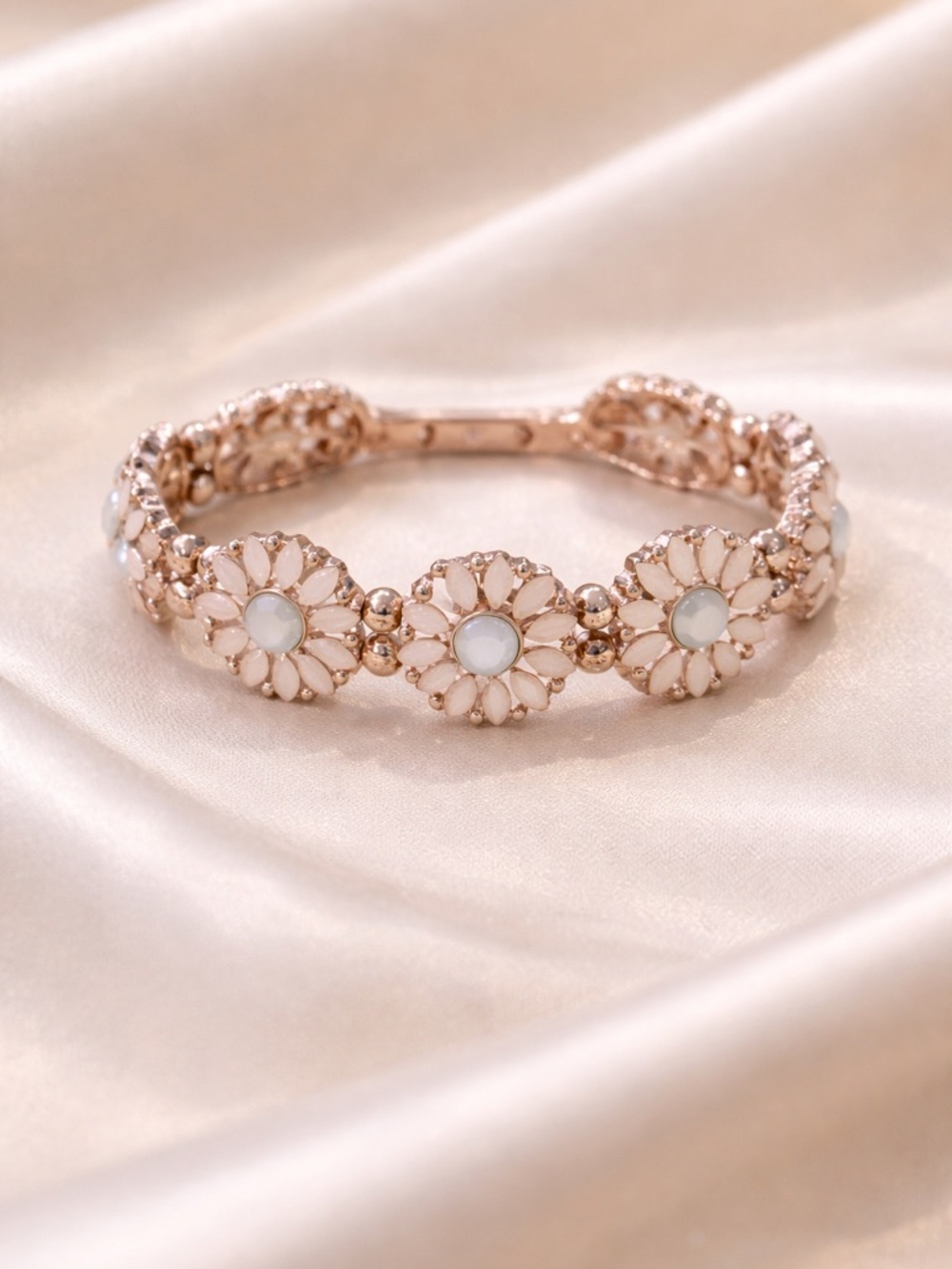Women's Rose Gold Floral Bracelet with White Stones-stretchy